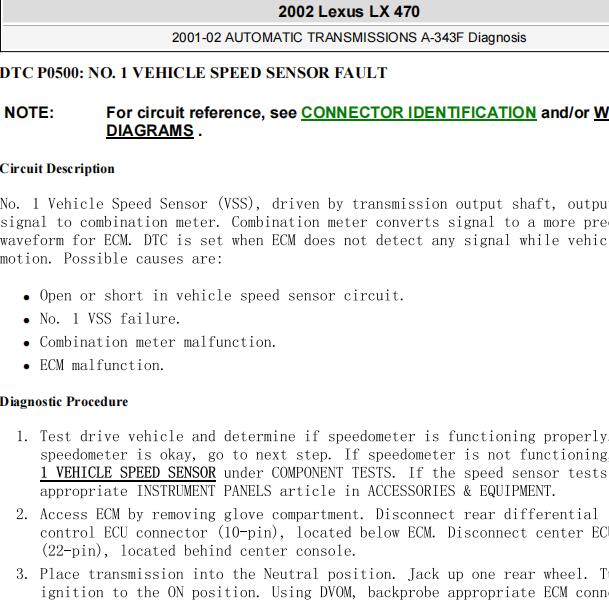 2002年雷克萨斯LX470故障码P0500故障码资料