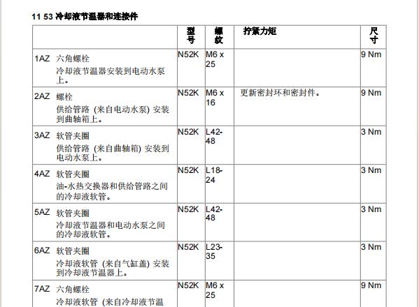 2011年宝马523li N52发动机维修手册和扭矩