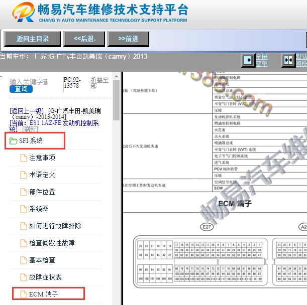 2013年丰田凯美瑞发动机电脑针脚资料