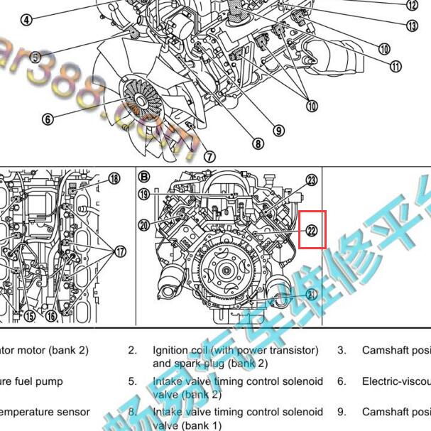 2013-2015年英菲尼迪QX80 发动机水温传感器位置
