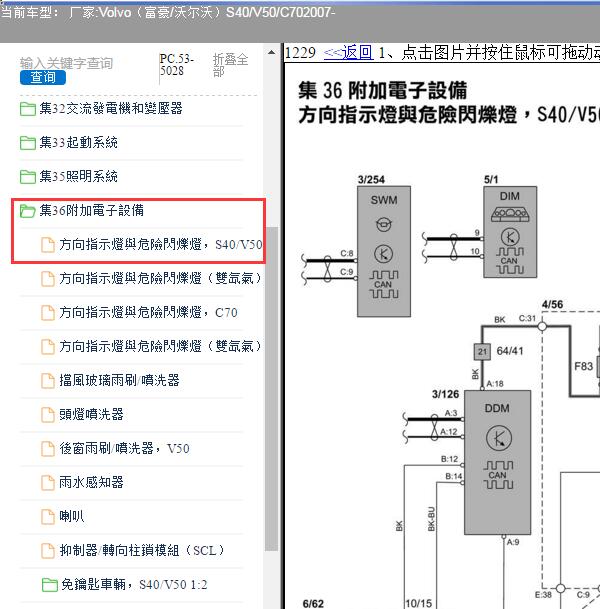 2007年沃尔沃S40转向灯和危险警告灯电路图
