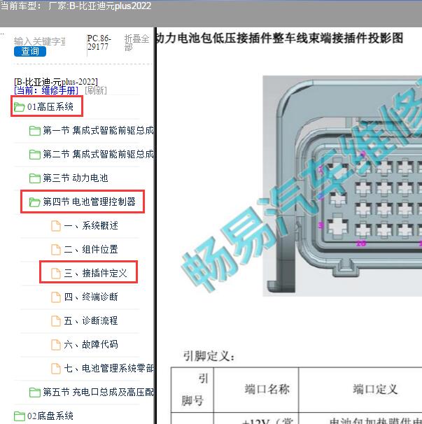 2022年比亚迪元PIUS电池包低压接口针脚资料