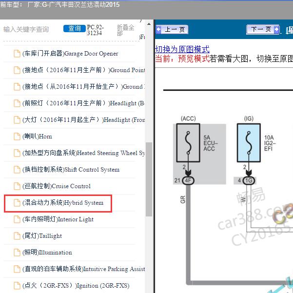 2015年广汽丰田-汉兰达混动 混合动力系统电路