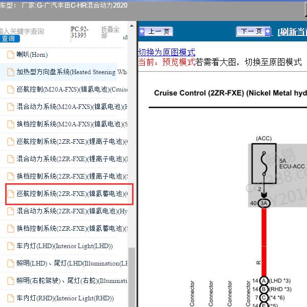 2020年广汽丰田-C-HR混合动力 巡航控制系统(镍氢蓄电池）电路图