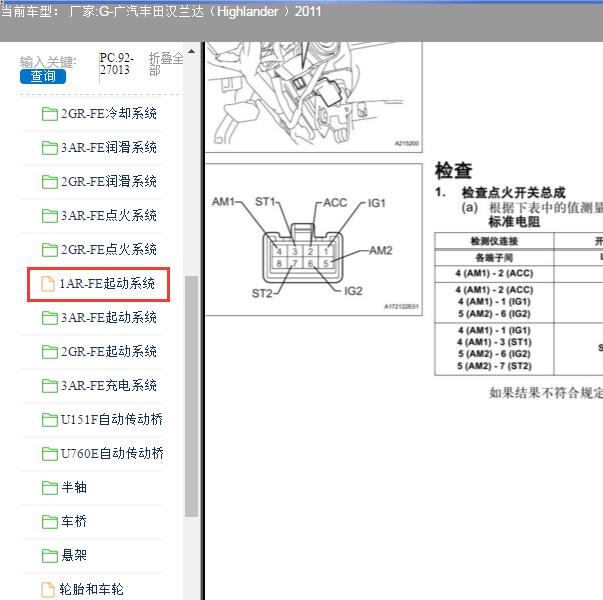 2011年丰田汉兰达点火开关针脚资料