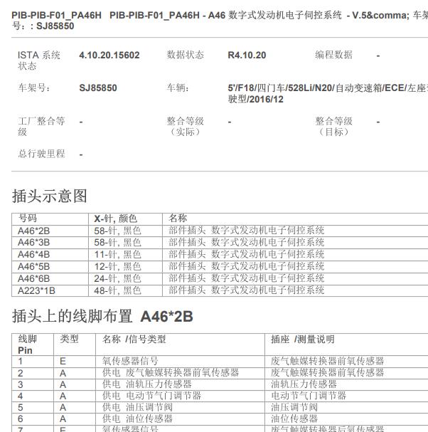 2017年宝马528 N20发动机针脚定义