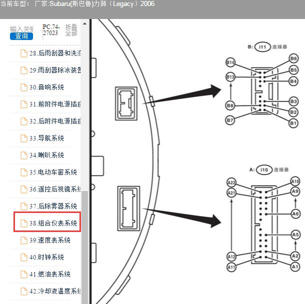 2006年斯巴鲁力狮仪表i11和i10针脚图和电路图