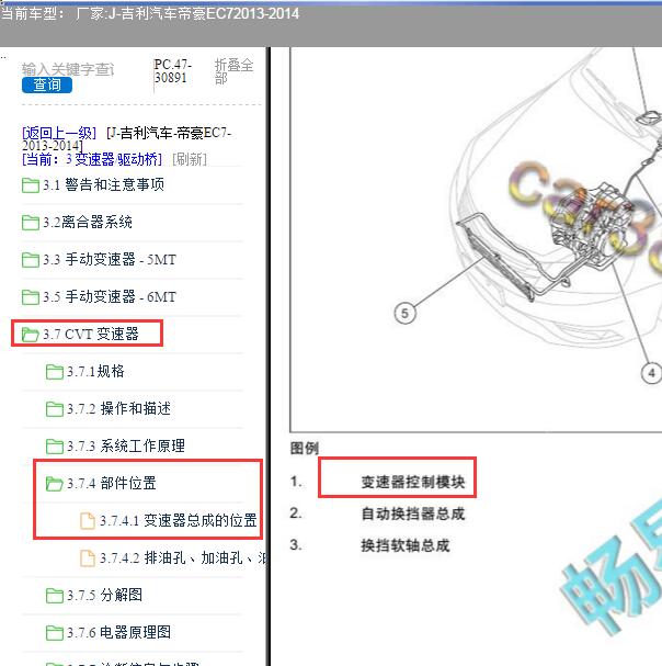 2013年吉利汽车EC7变速箱电脑位置