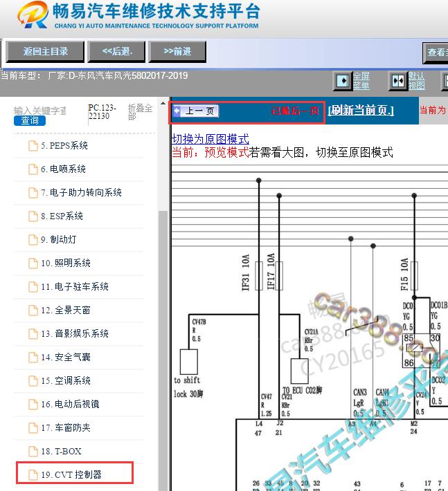 2017-2019年东风风光580 CVT变速箱电路图