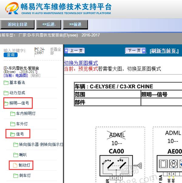 2016-2017年雪铁龙爱丽舍刹车灯电路图