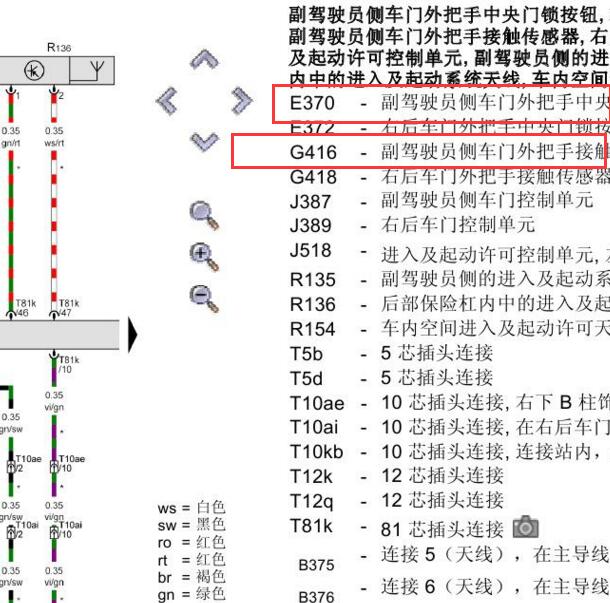2012-2014年大众辉腾副驾驶车门把手电路图