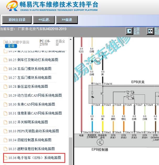 2018-2019年北京汽车BJ40电子手刹电路图