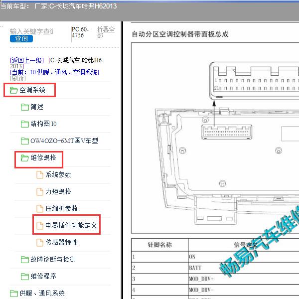 2013年长城汽车哈弗H6空调控制面板针脚资料