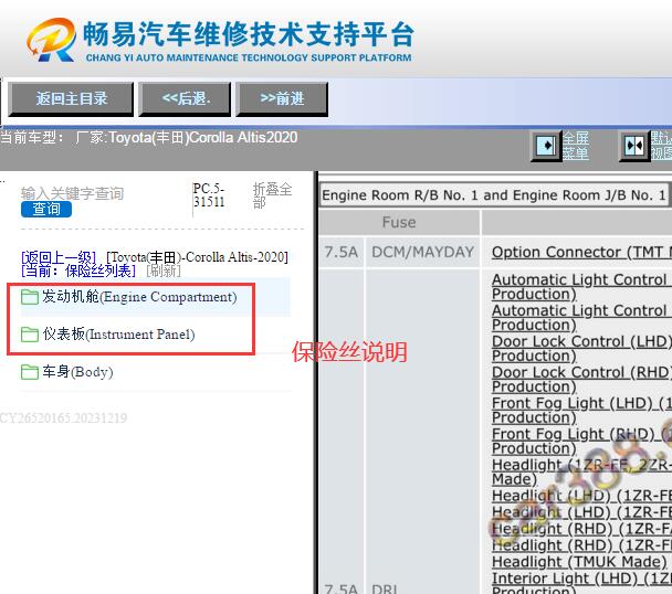 2020年丰田卡罗拉Altis 保险丝说明资料