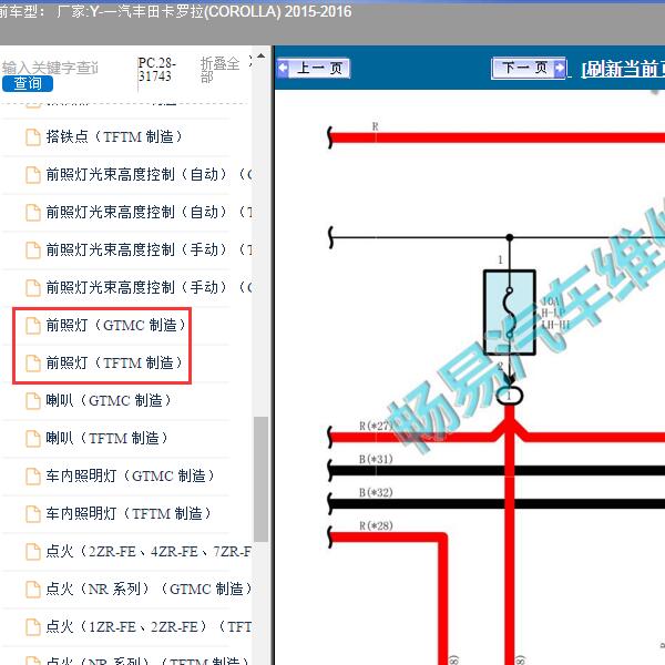 2015-2016年一汽丰田-卡罗拉 前照灯电路图