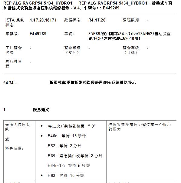 2009年宝马Z4 折叠顶液压油路系统维修资料