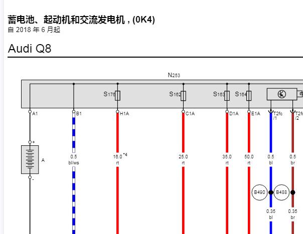 2021年奥迪Q8起动机发电机电路图