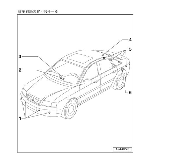 2004年奥迪A6倒车雷达部件位置