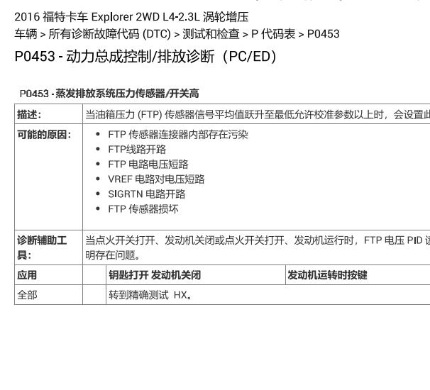 2016年福特探险者P0453故障码资料