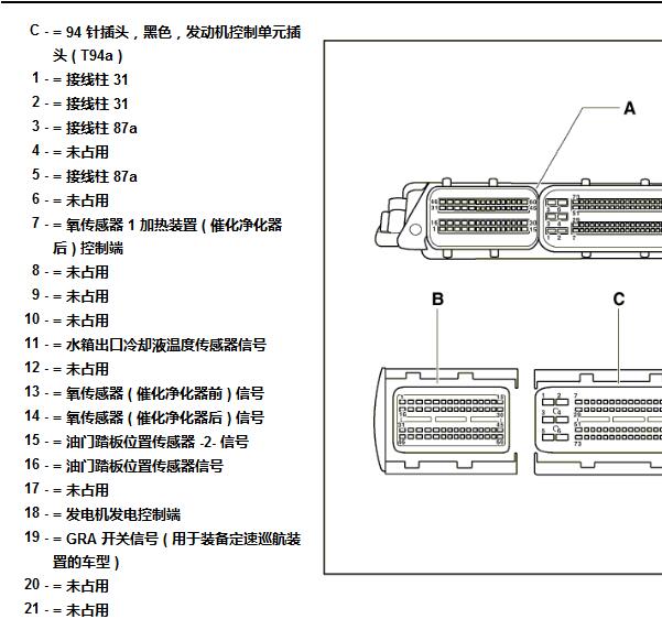 2011年大众迈腾60+94发动机针脚说明