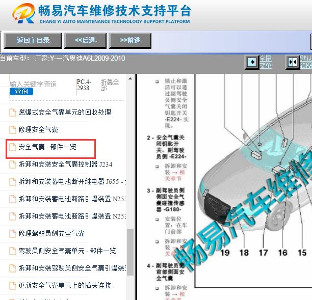 2009-2010年奥迪A6L安全气囊部件位置