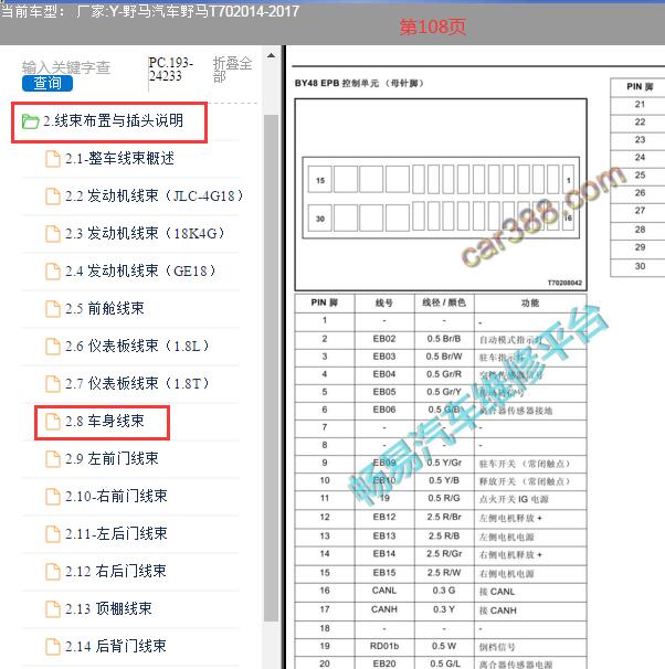 2017年野马T70手刹模块针脚资料