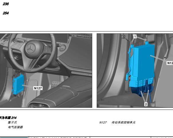 2023年奔驰C260L N127传动系统控制单元位置图