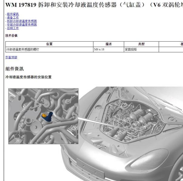 2018年保时捷帕拉梅拉缸盖冷却液温度传感器位置