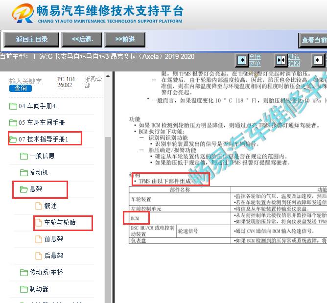 2019-2020年长安马自达昂克赛拉胎压监测系统部件说明