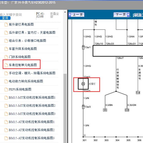 2012-2015年华晨汽车-H230 后雾灯电路图