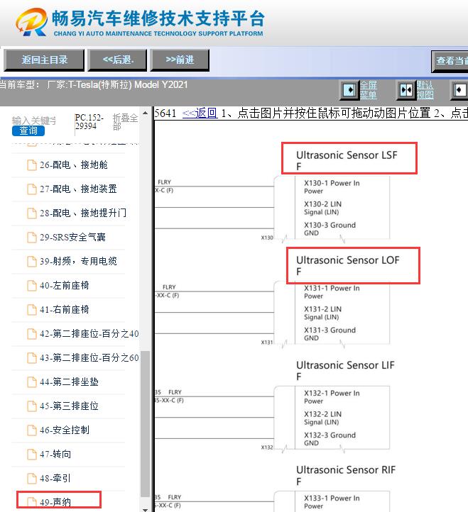 2021年特斯拉Model Y前倒车雷达传感器电路图