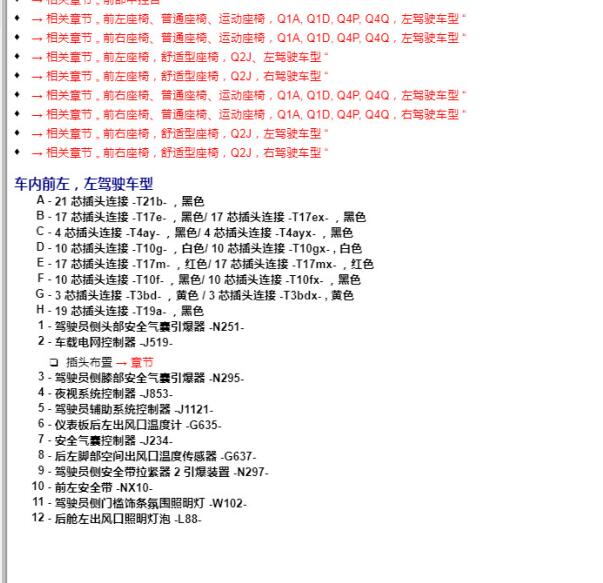 2022年奥迪A6L安全气囊针脚定义