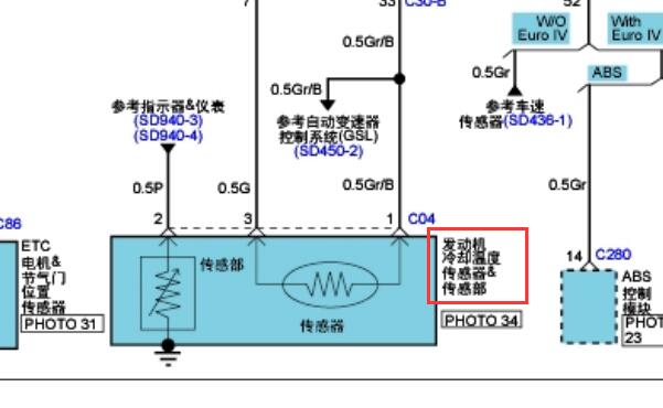 2009年现代胜达发动机水温传感器电路图