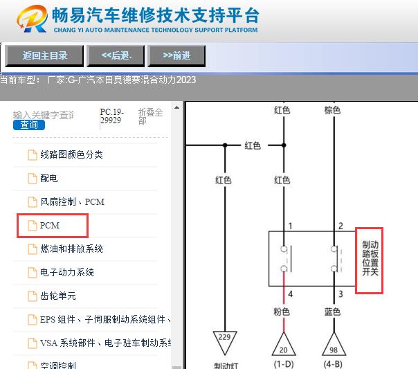 2023年本田混动奥德赛刹车开关线路图