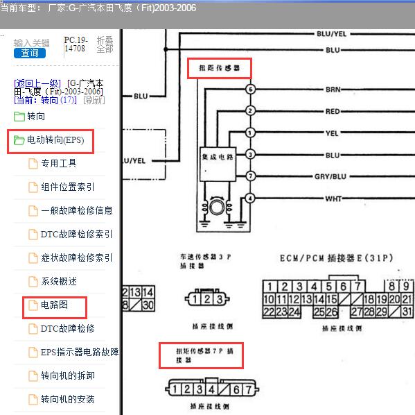 2004年本田飞度方向机7P插头针脚图和电路图