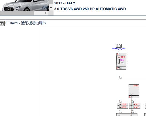 2017年玛莎拉蒂莱万特天窗遮阳帘电路图和位置