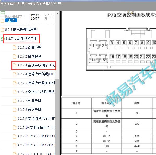 2018年吉利帝豪EV空调针脚资料