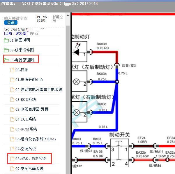 2017-2018年奇瑞汽车-瑞虎3x 制动开关电路图