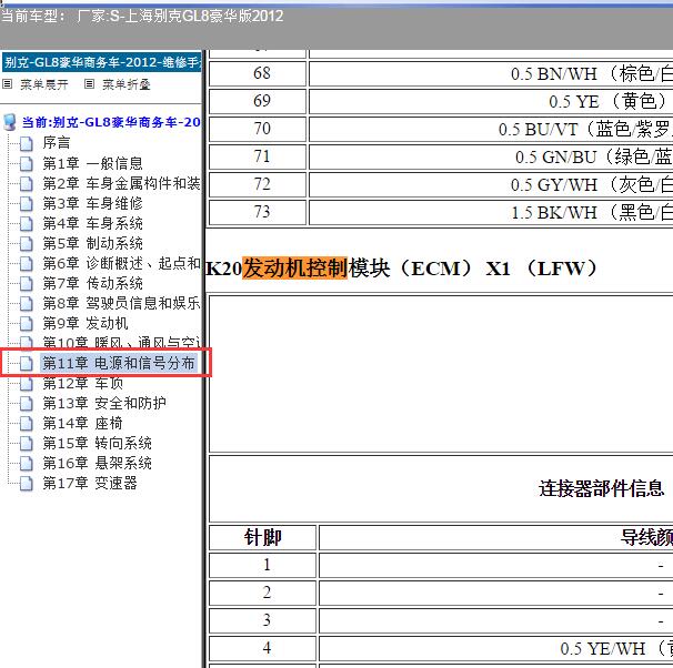 2012年别克GL8 LFW发动机针脚定义