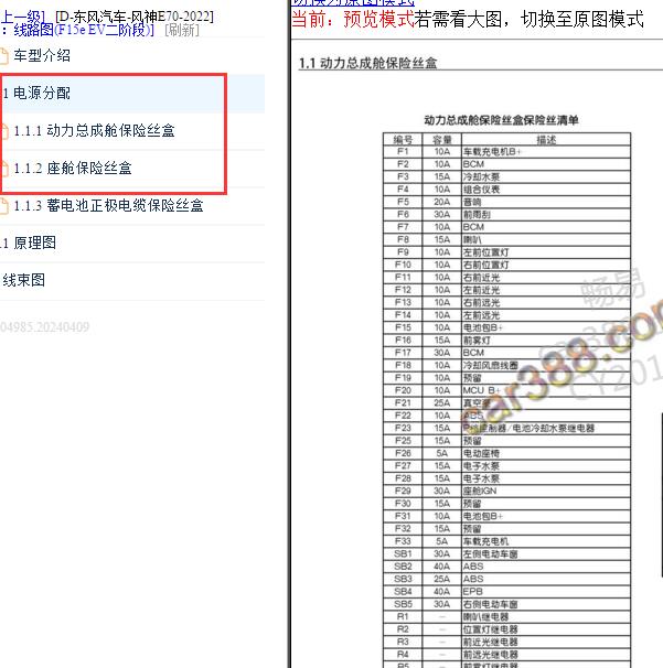 2022年风神E70 保险继电器位置说明