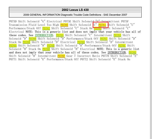 2002年雷克萨斯LS430 P0761故障码资料