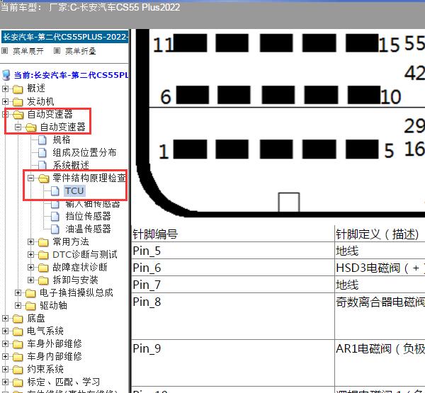 2022年长安CS55 PLUS变速箱针脚资料