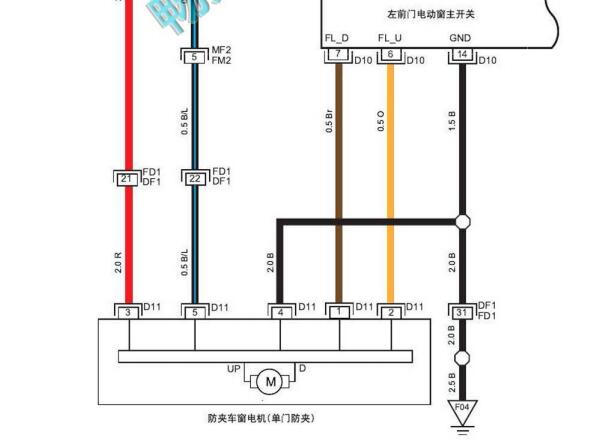 2017年江淮瑞风S3玻璃升降器电路图和针脚图
