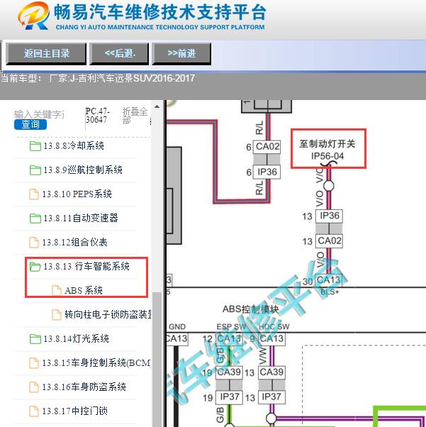 2016-2017年吉利远景SUV刹车开关到ABS电路图
