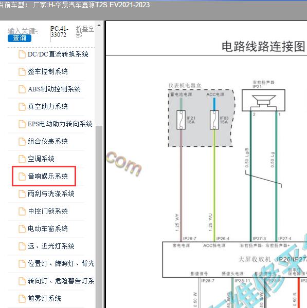 2021-2023年华晨汽车-鑫源T2S EV 音响电路图