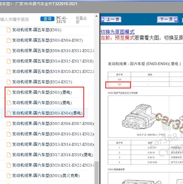 2019-2021年华晨汽车-金杯T32 发动机针脚