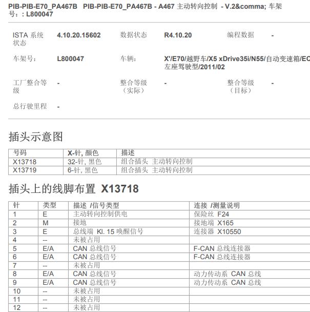 2011年宝马X5 主动转向控制模块针脚定义