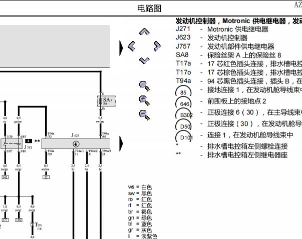 2010年奥迪A6发动机电路图和保险丝继电器资料