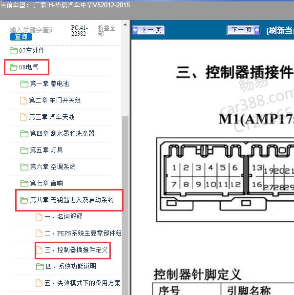 2012年华晨汽车中华V5 PEPS针脚定义