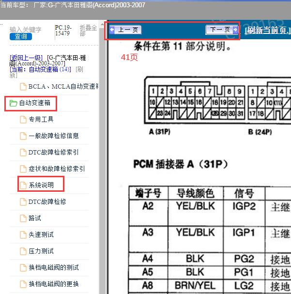 2003-2007年本田雅阁变速箱针脚资料